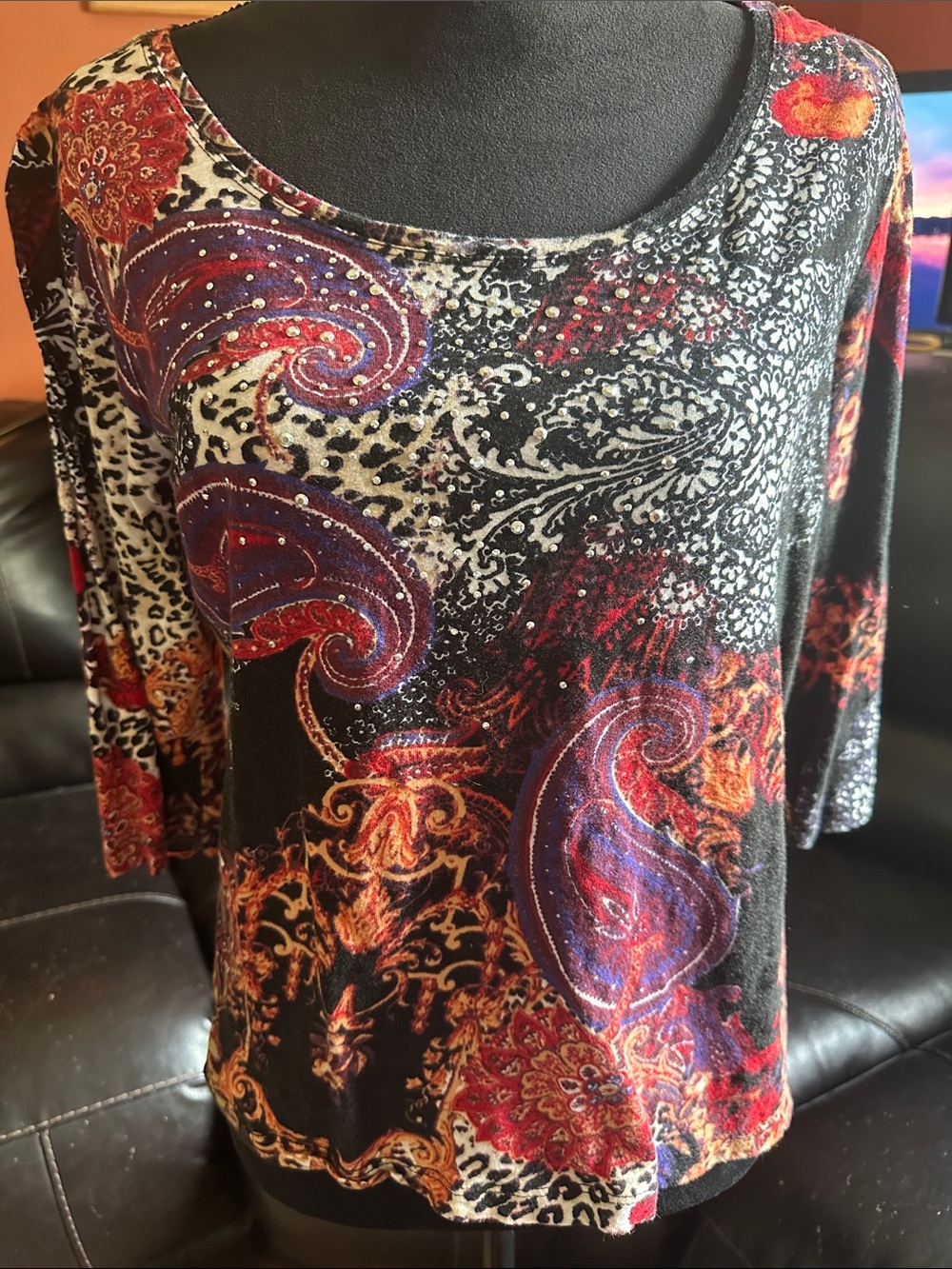 Onque Casuals Black Paisley Floral Long Sleeve Top with Red & Purple Accents